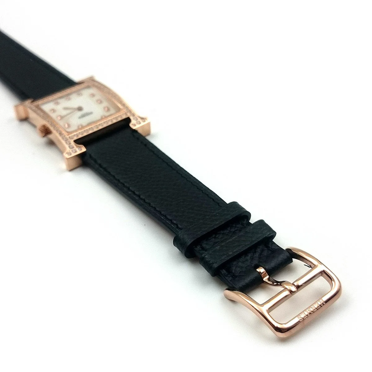 Heure H Rose Gold with Diamond Bezel and Markers on Black Epsom Leather Strap