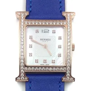Heure H Rose Gold with Diamond Bezel and Markers on Blue Epsom Leather Strap