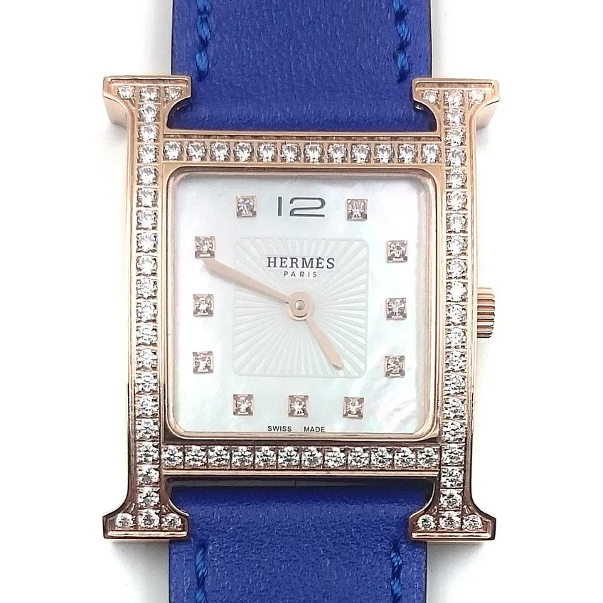 Heure H Rose Gold with Diamond Bezel and Markers on Blue Epsom Leather Strap