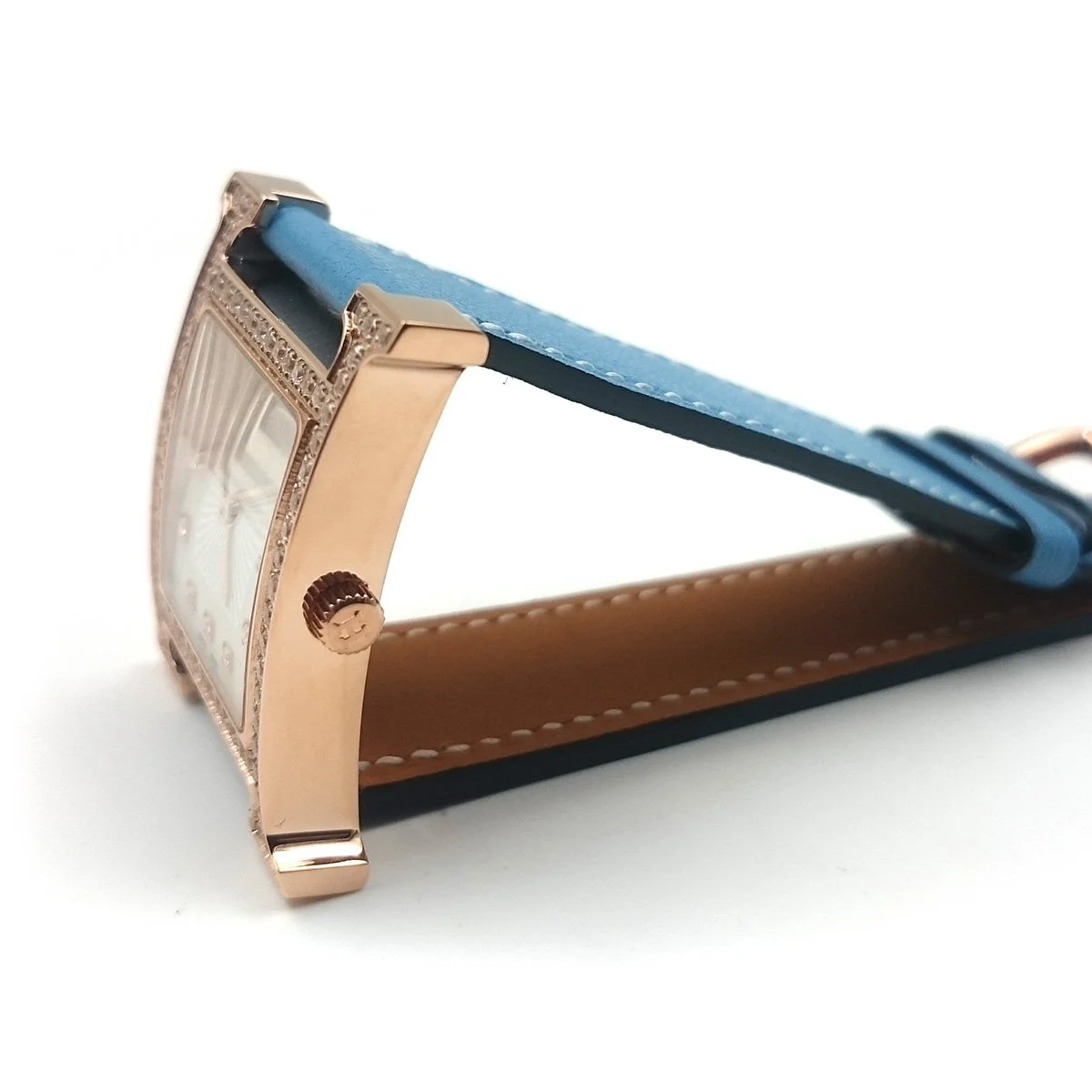 Heure H Rose Gold with Diamond Bezel and Markers on Light Blue Fjord Leather Strap
