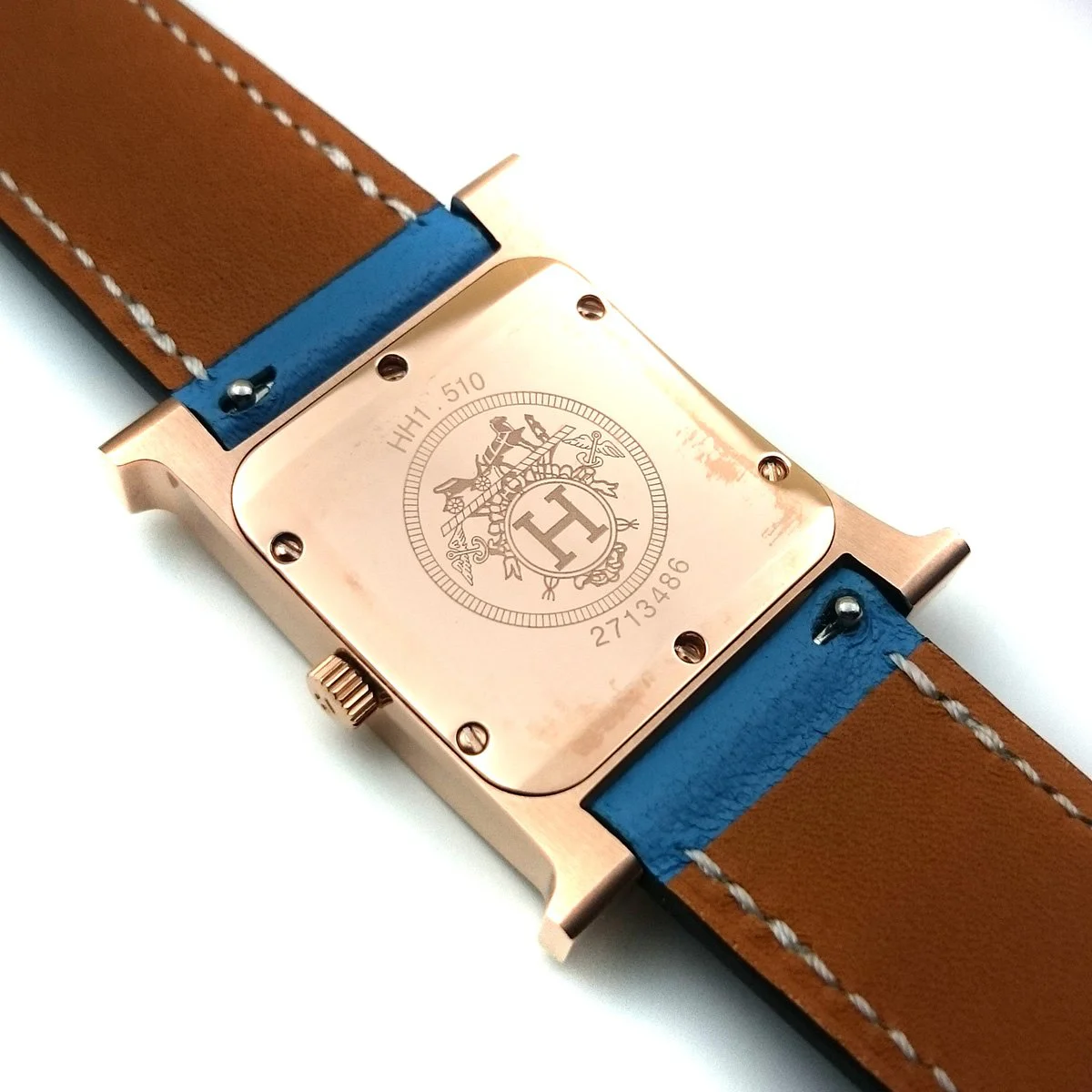 Heure H Rose Gold with Diamond Bezel and Markers on Light Blue Fjord Leather Strap