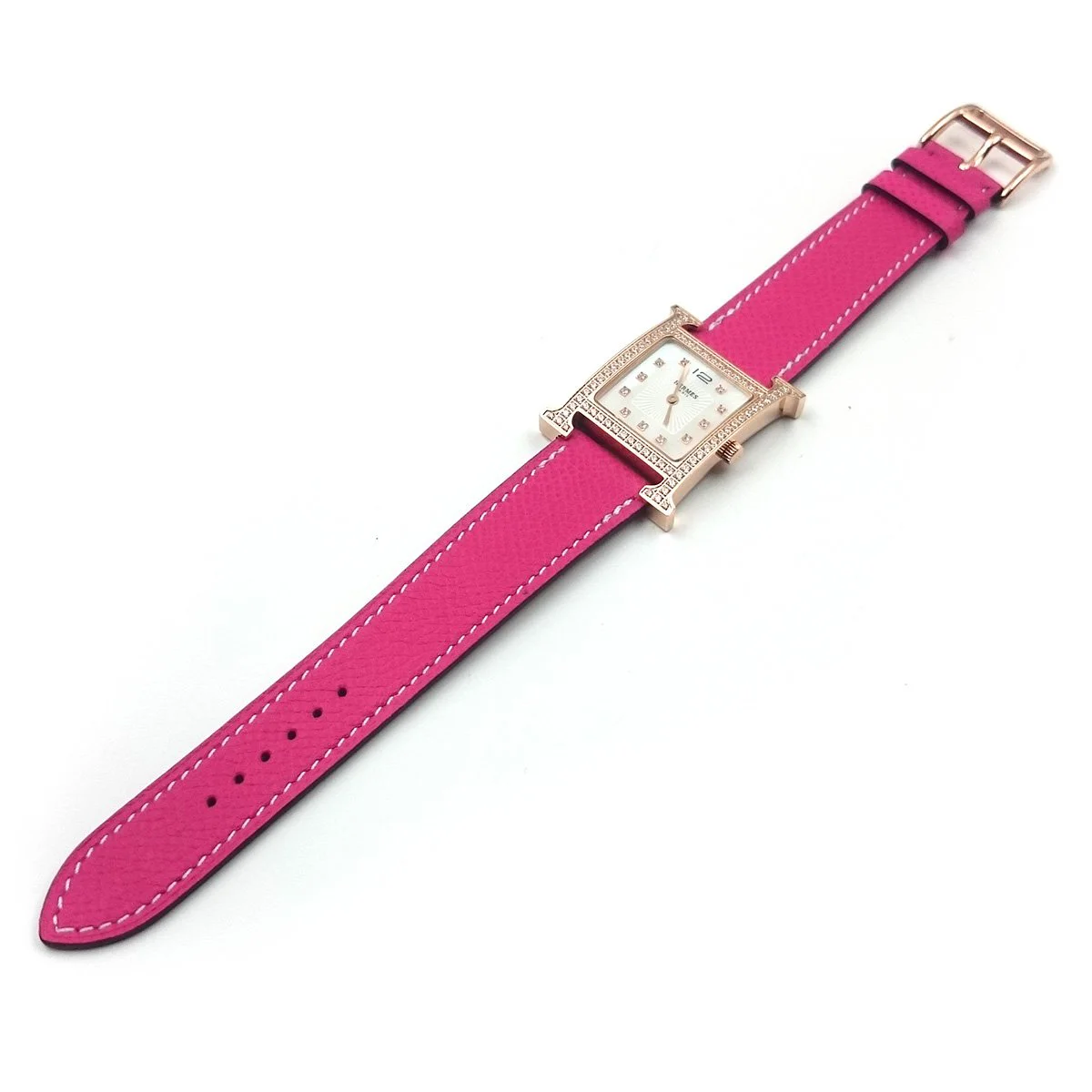 Heure H Rose Gold with Diamond Bezel and Markers on Pink Epsom Leather Strap