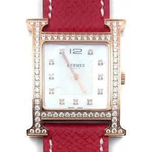 Heure H Rose Gold with Diamond Bezel and Markers on Red Epsom Leather Strap