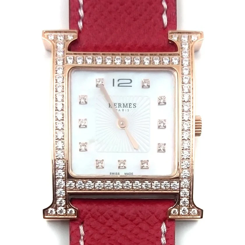 Heure H Rose Gold with Diamond Bezel and Markers on Red Epsom Leather Strap