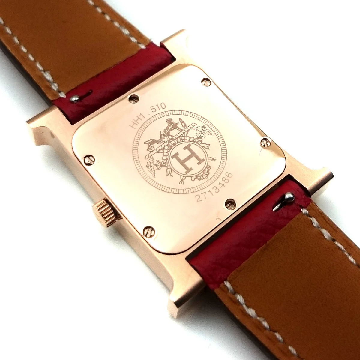 Heure H Rose Gold with Diamond Bezel and Markers on Red Epsom Leather Strap