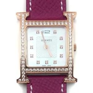 Heure H Rose Gold with Diamond Bezel and Markers on Violet Epsom Leather Strap