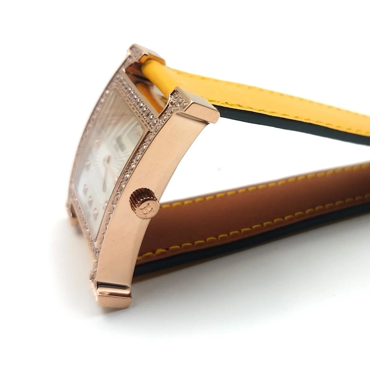 Heure H Rose Gold with Diamond Bezel and Markers on Yellow Fjord Leather Strap