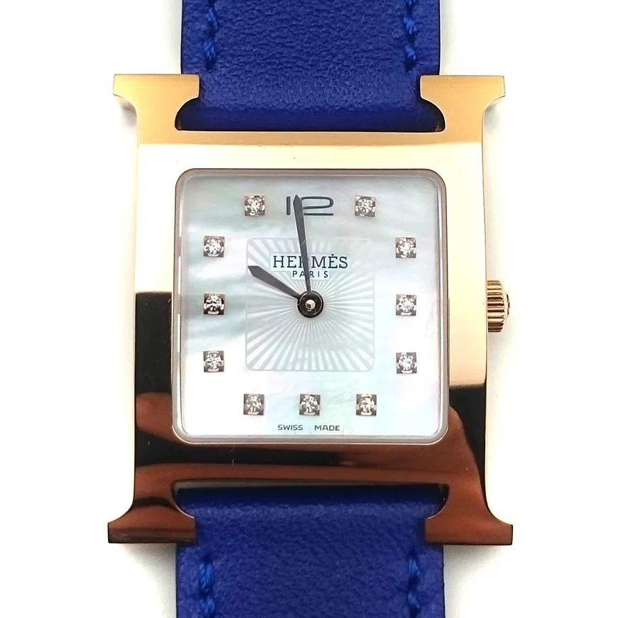 Heure H Rose Gold with Diamond Markers on Blue Fjord Leather Strap