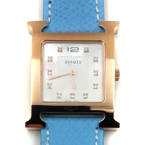 Heure H Rose Gold with Diamond Markers on Light Blue Epsom Leather Strap