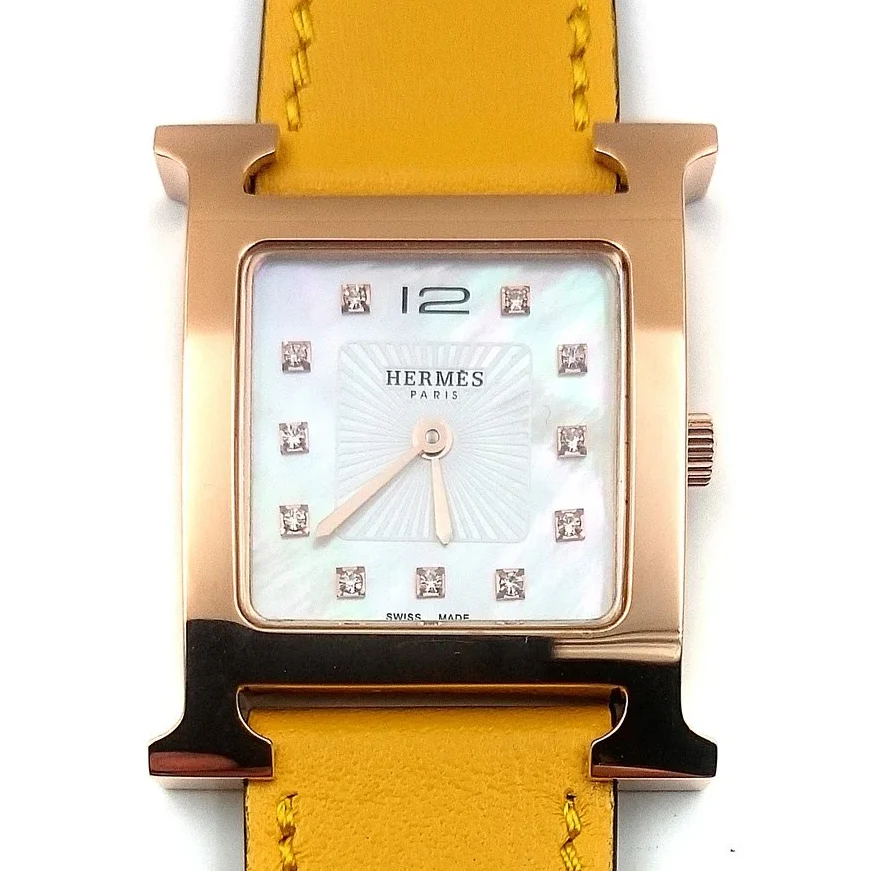 Heure H Rose Gold with Diamond Markers on Yellow Fjord Leather Strap