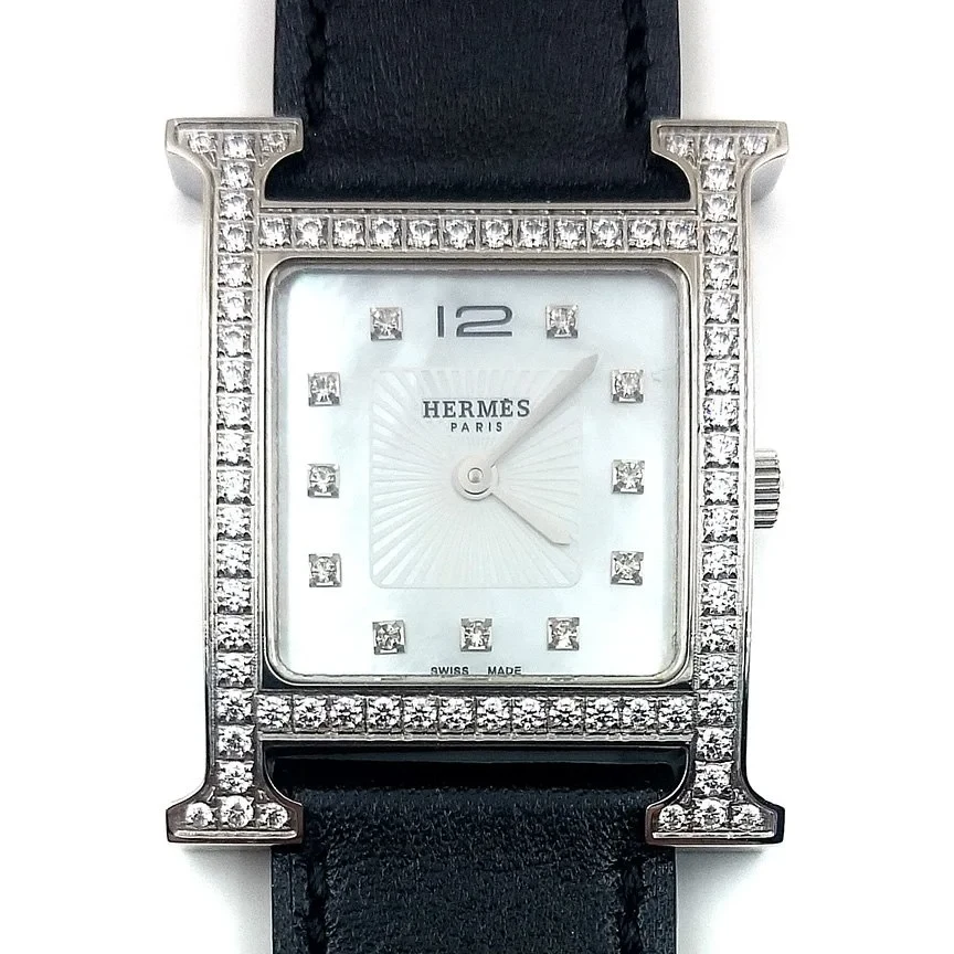 Heure H Steel with Diamond Bezel and Markers on Black Fjord Leather Strap