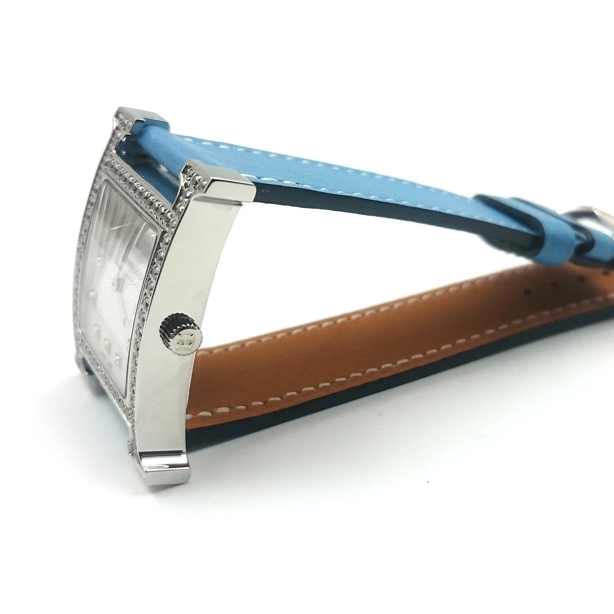 Heure H Steel with Diamond Bezel and Markers on Light Blue Fjord Leather Strap