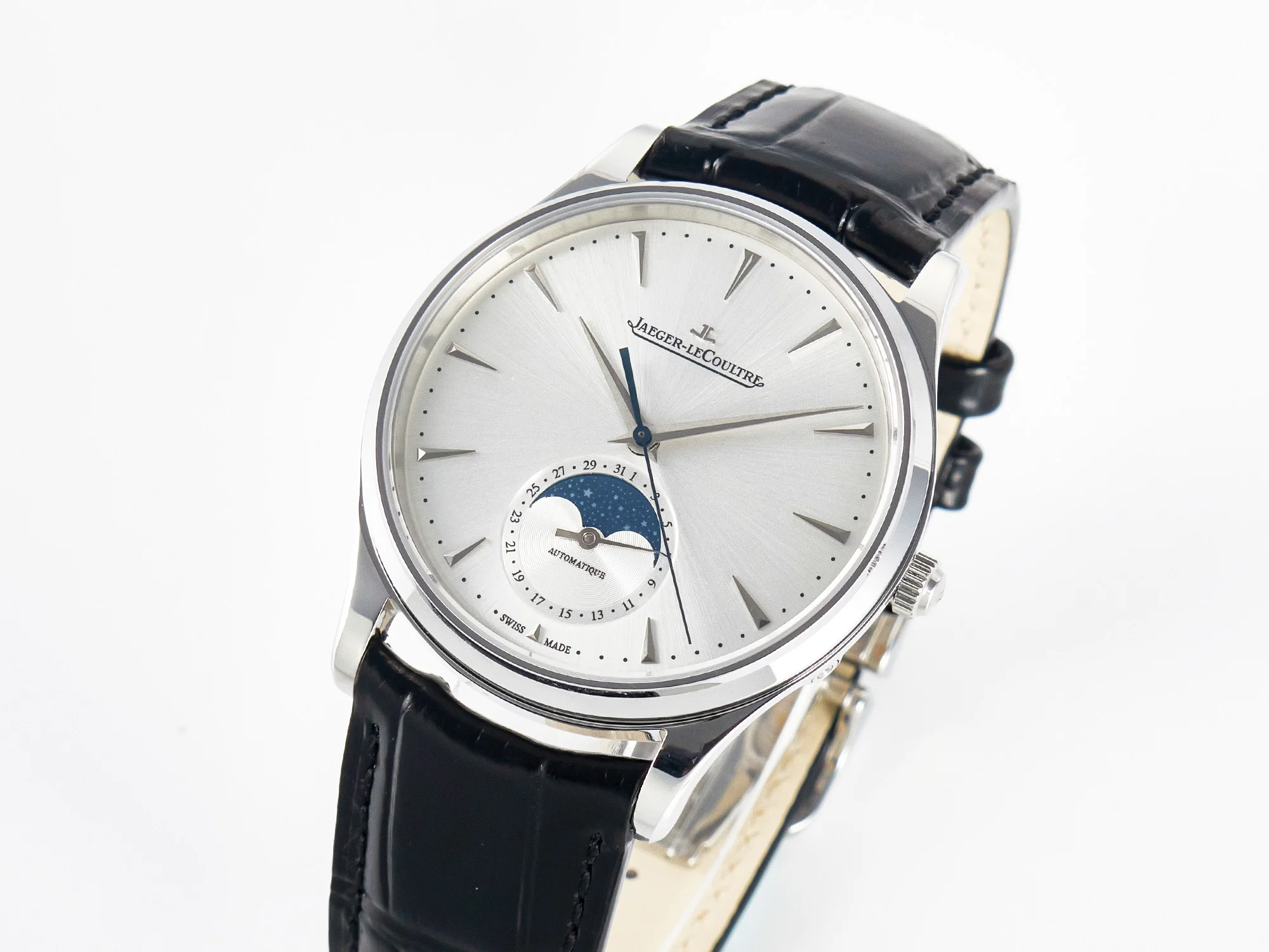 Master Ultra Thin Moon 1368420 SS Z+F 1:1 Best Edition White Dial on Black Leather Strap SA925 Super Clone