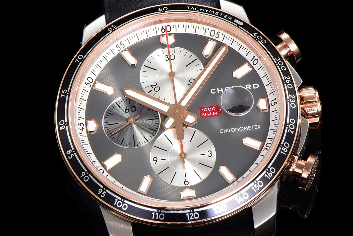 Mille Miglia GTS Chrono Grey Dial in Rose Gold/Steel on Black Leather Strap