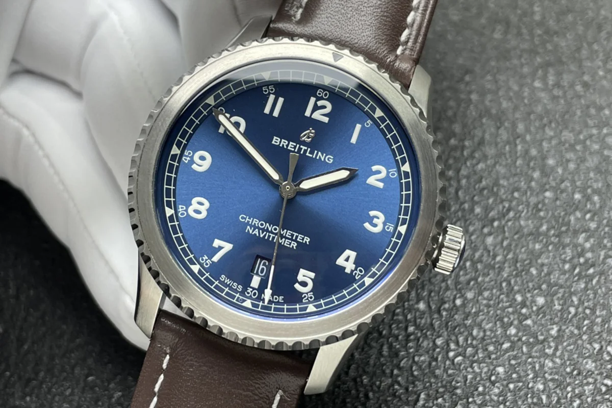 Navitimer Aviator 8 Automatic 41 Blue Dial in Steel on Brown Leather Strap