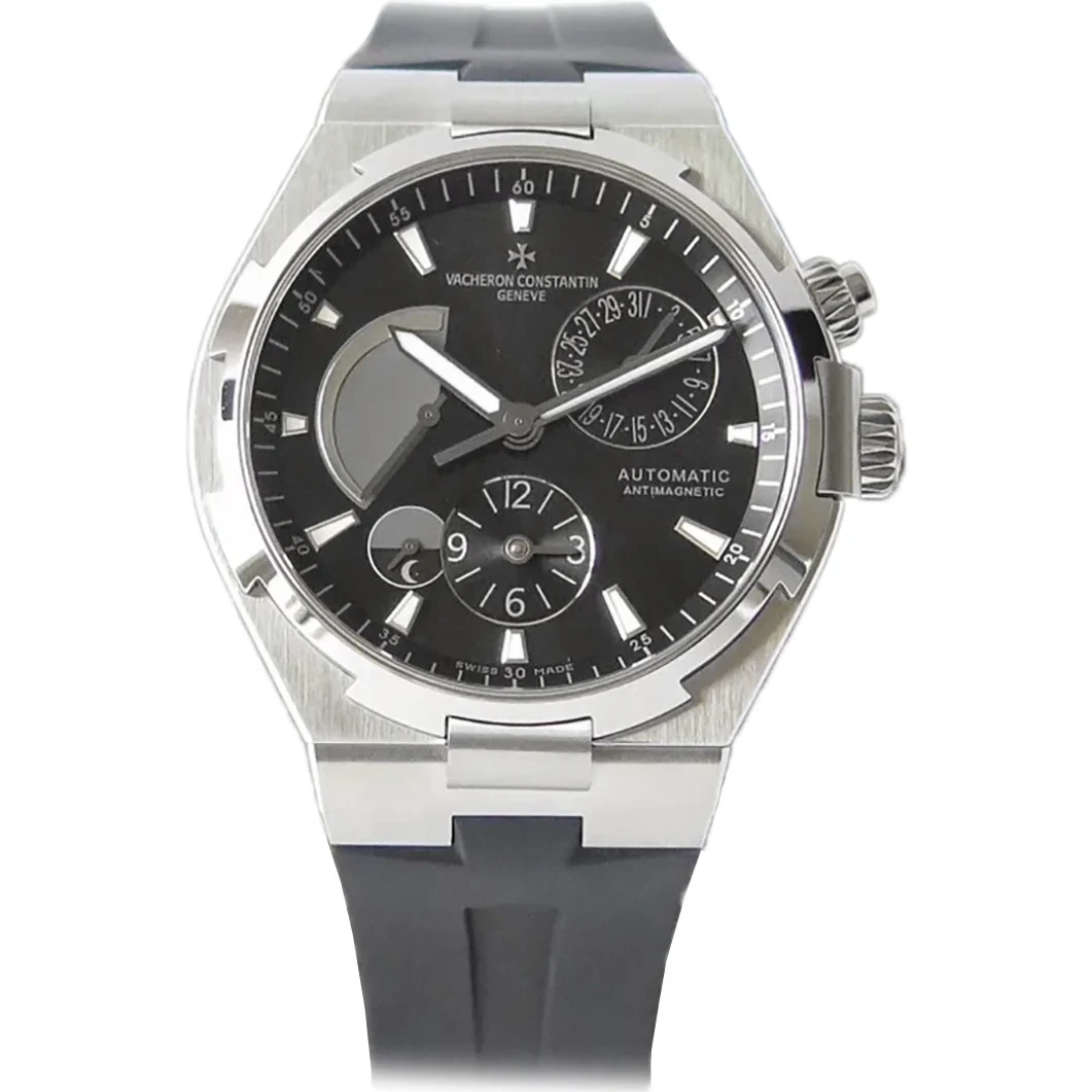 Overseas Dual Time Black Dial in Steel on Rubber Strap