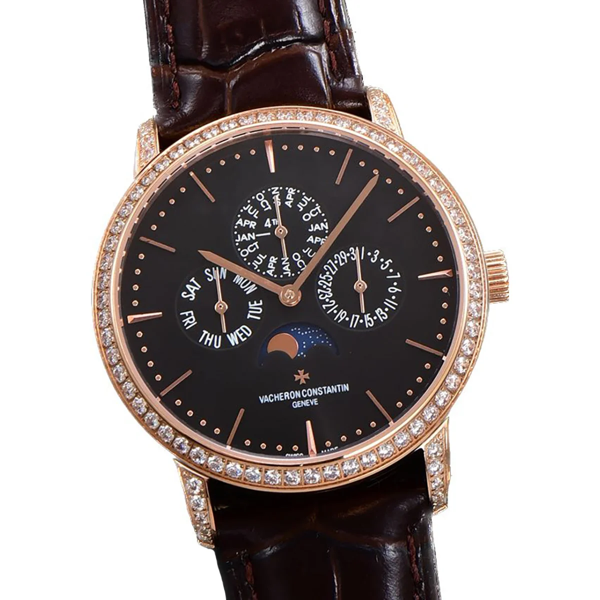 Patrimony Perpetual Calendar Ultra-Thin Black Dial in Pink Gold with Diamond Bezel