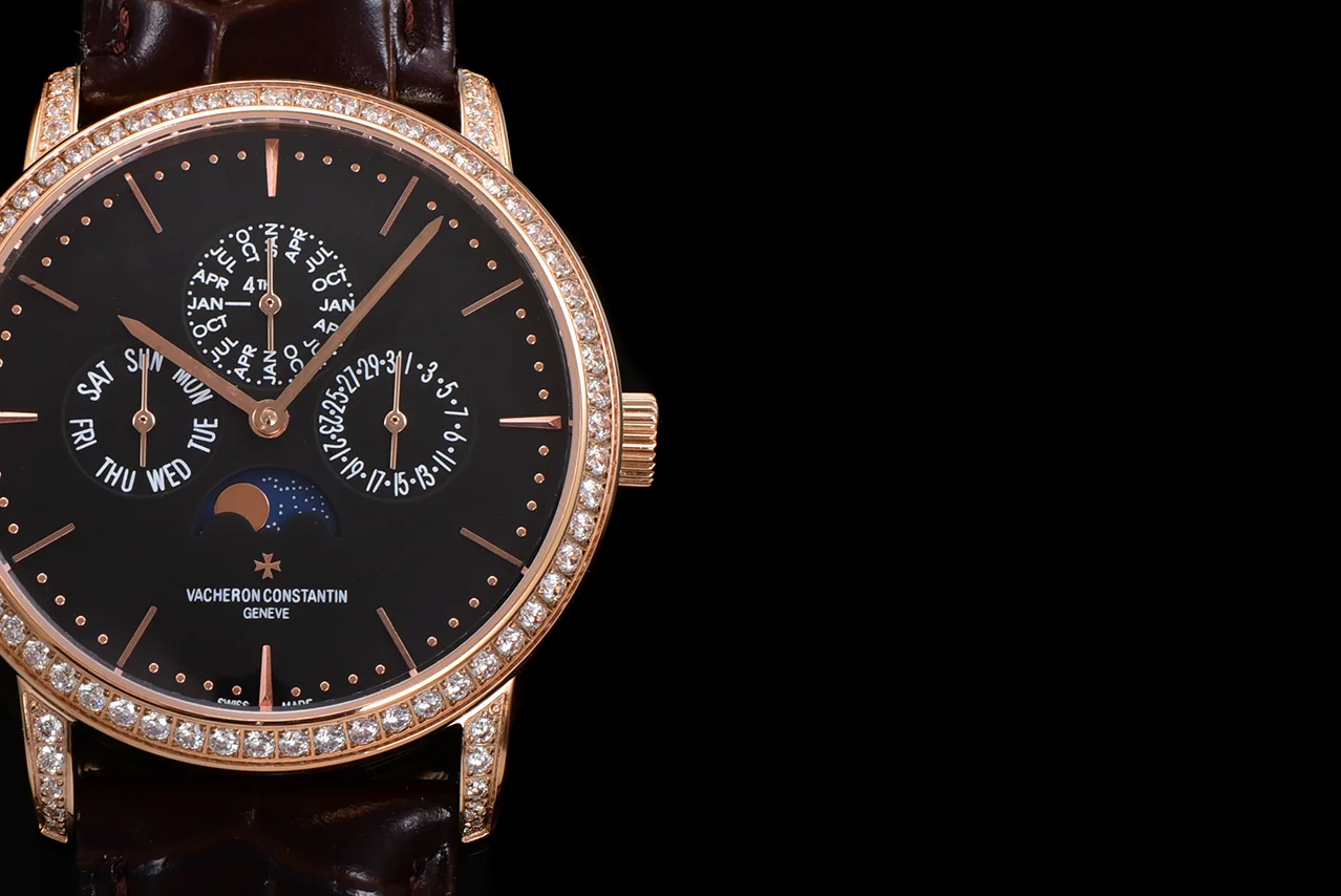 Patrimony Perpetual Calendar Ultra-Thin Black Dial in Pink Gold with Diamond Bezel