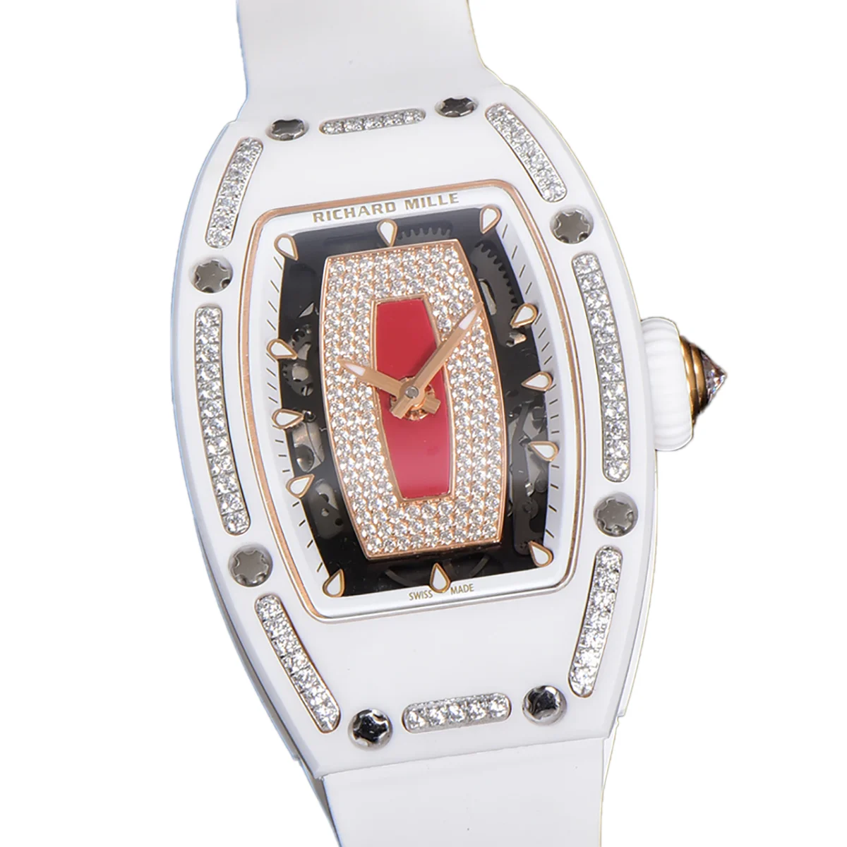 RM 007 Automatic Ladies White Ceramic Red Lips Diamond