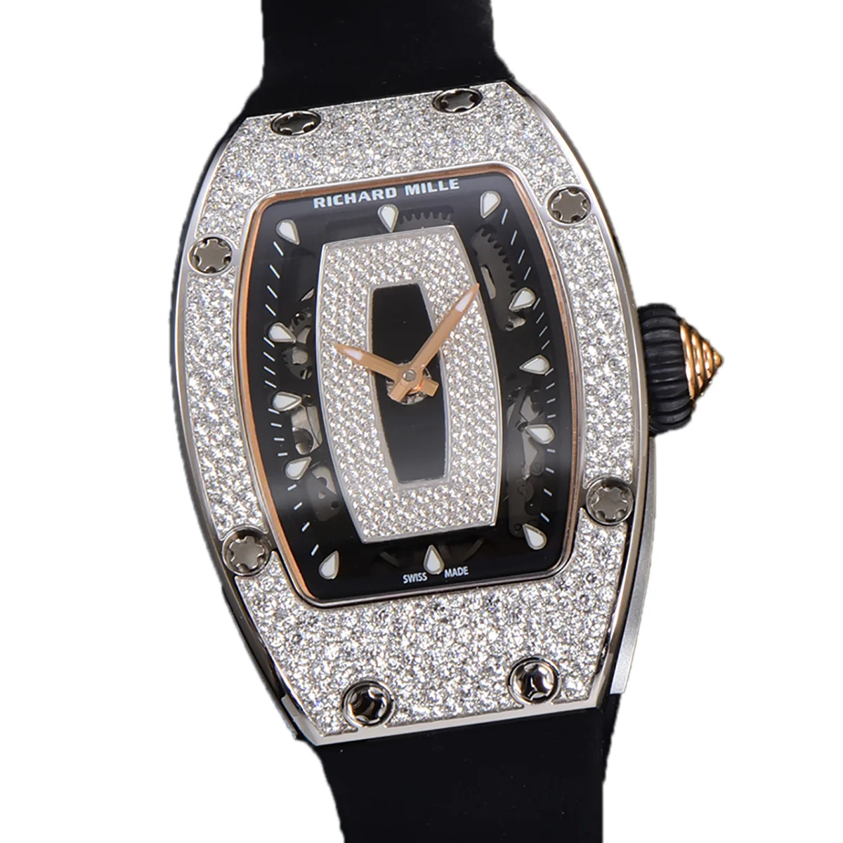 RM 007 Automatic Ladies with Diamond Bezel in Steel on Black Rubber Strap