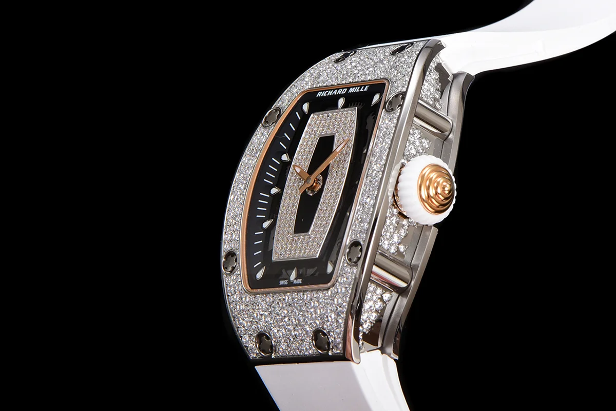 RM 007 Automatic Ladies with Diamond Bezel in Steel on White Rubber Strap