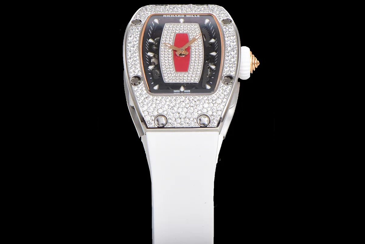 RM 007 Automatic Ladies with Diamond Bezel in Steel on White Rubber Strap