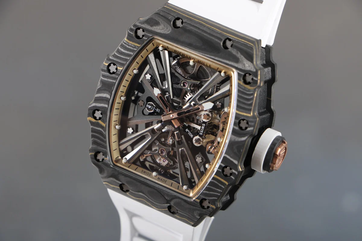 RM 012-01 Tourbillon NTPT Carbon on White Rubber Strap
