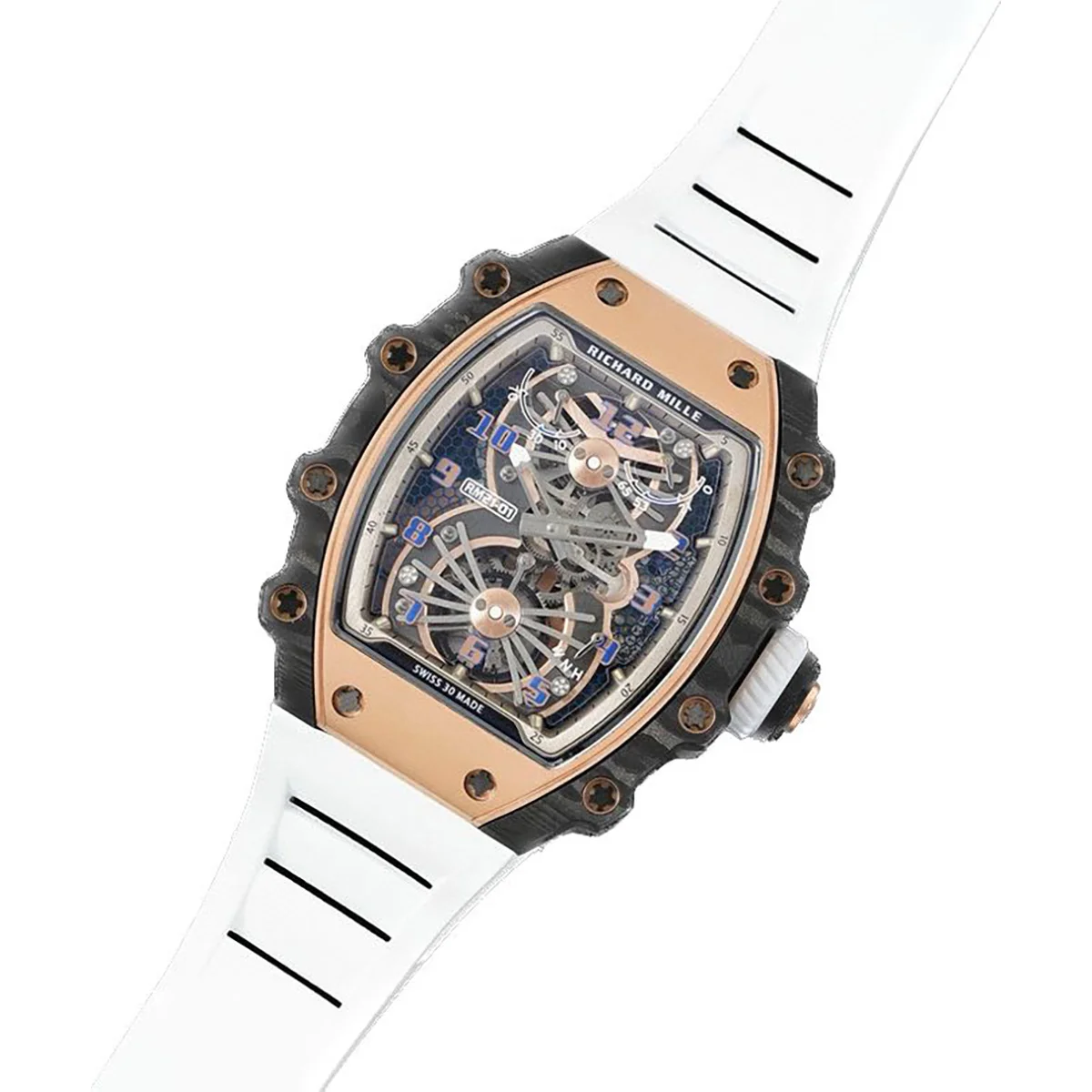 RM 021-01 Tourbillon Aerodyne in Rose Gold on White Rubber Strap