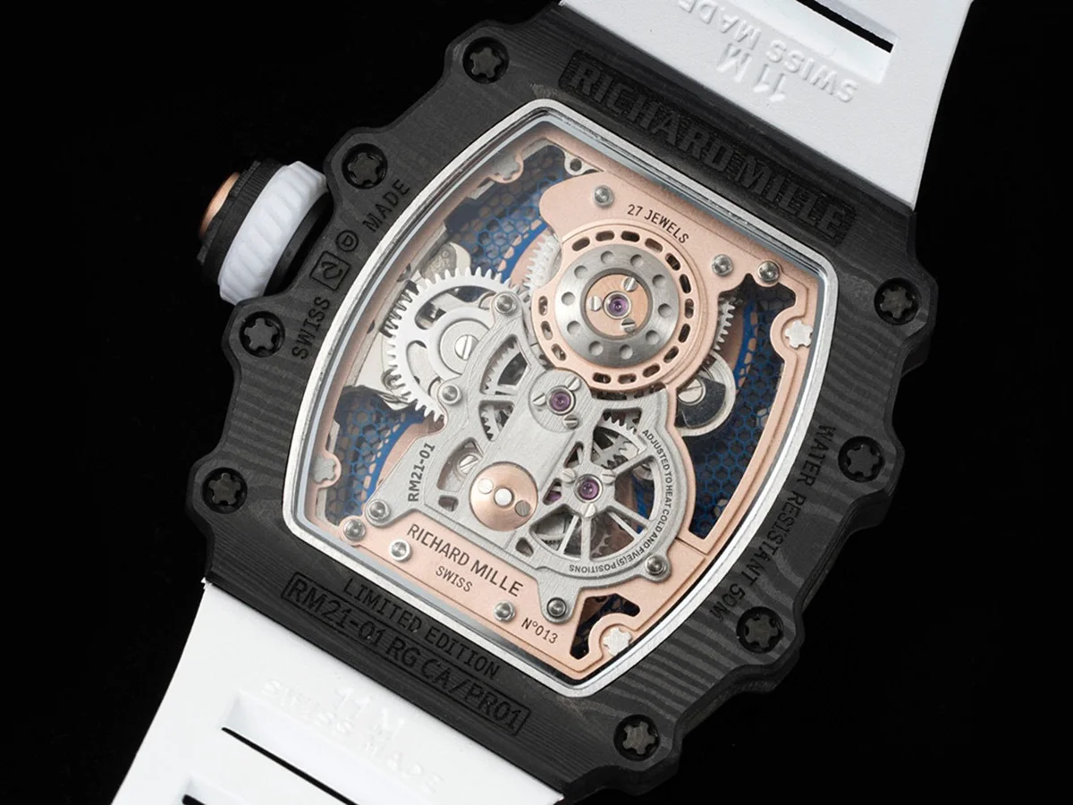 RM 021-01 Tourbillon Aerodyne in Rose Gold on White Rubber Strap