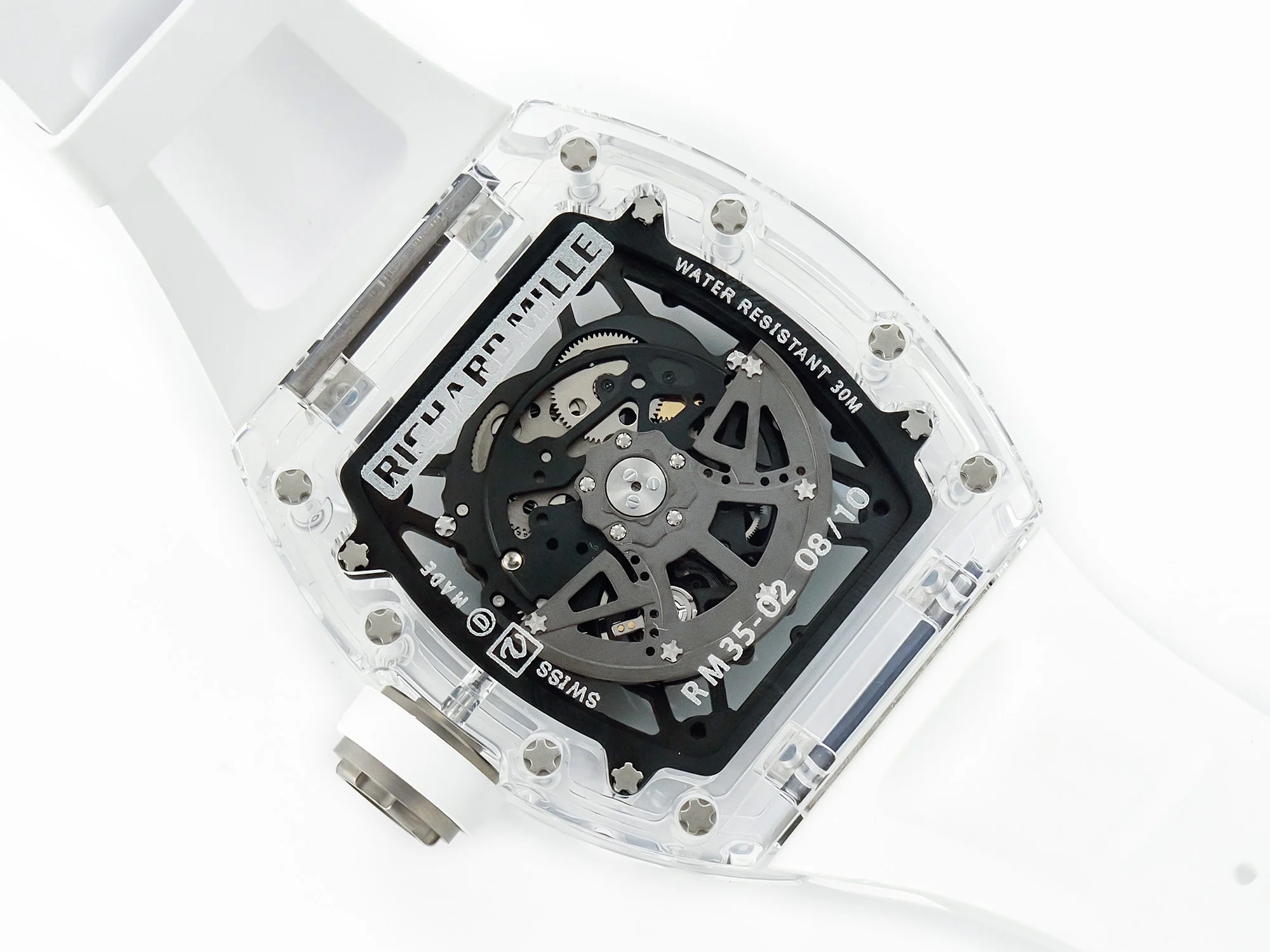 RM035 TRANSPARENT SONIC Best Edition Skeleton Dial on White Rubber Strap Clone RMUL2 V2