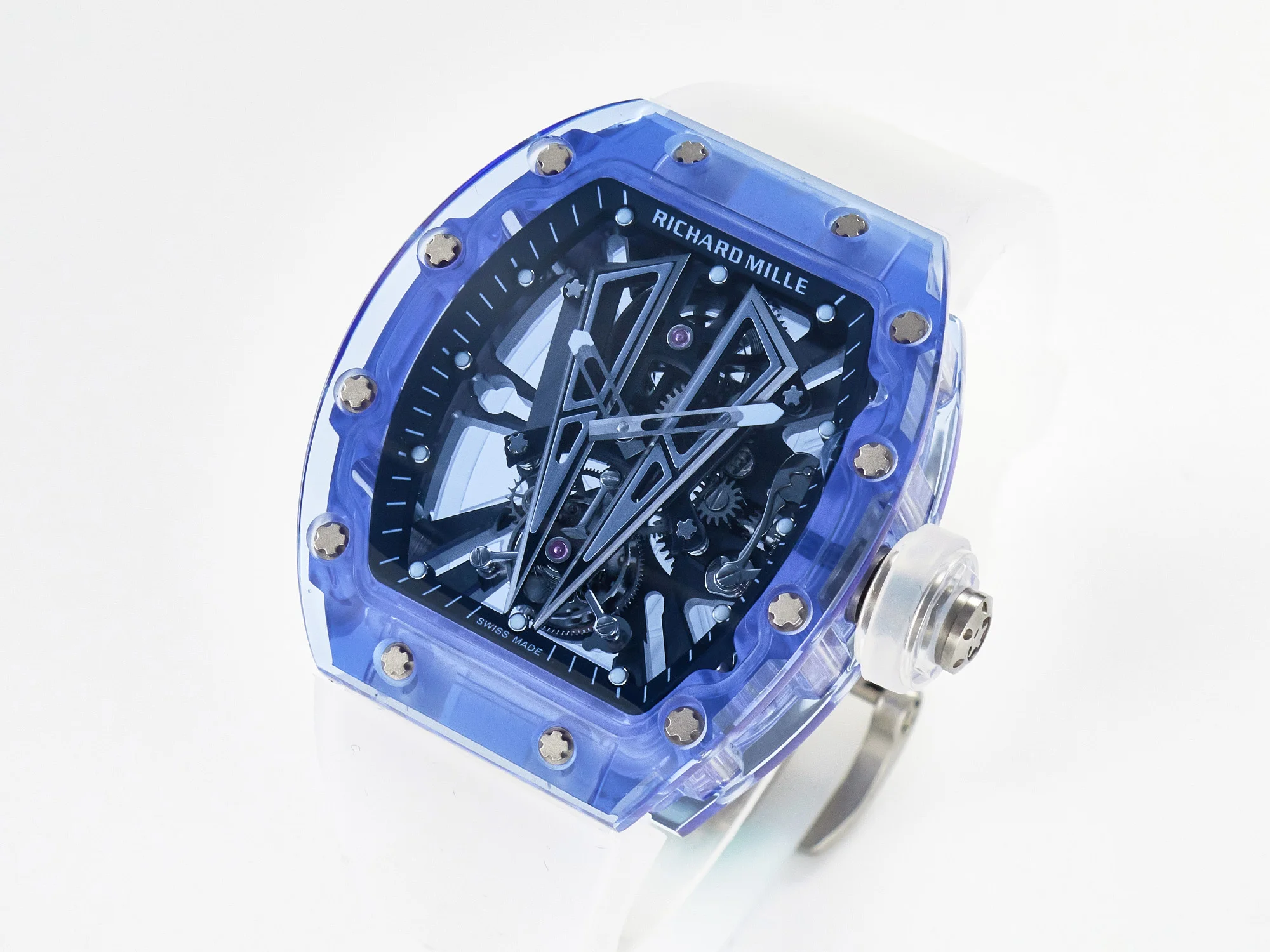 RM27-03 Blue Transparent Tourbillon MSF Best Edition Skull Dial on White Rubber Strap