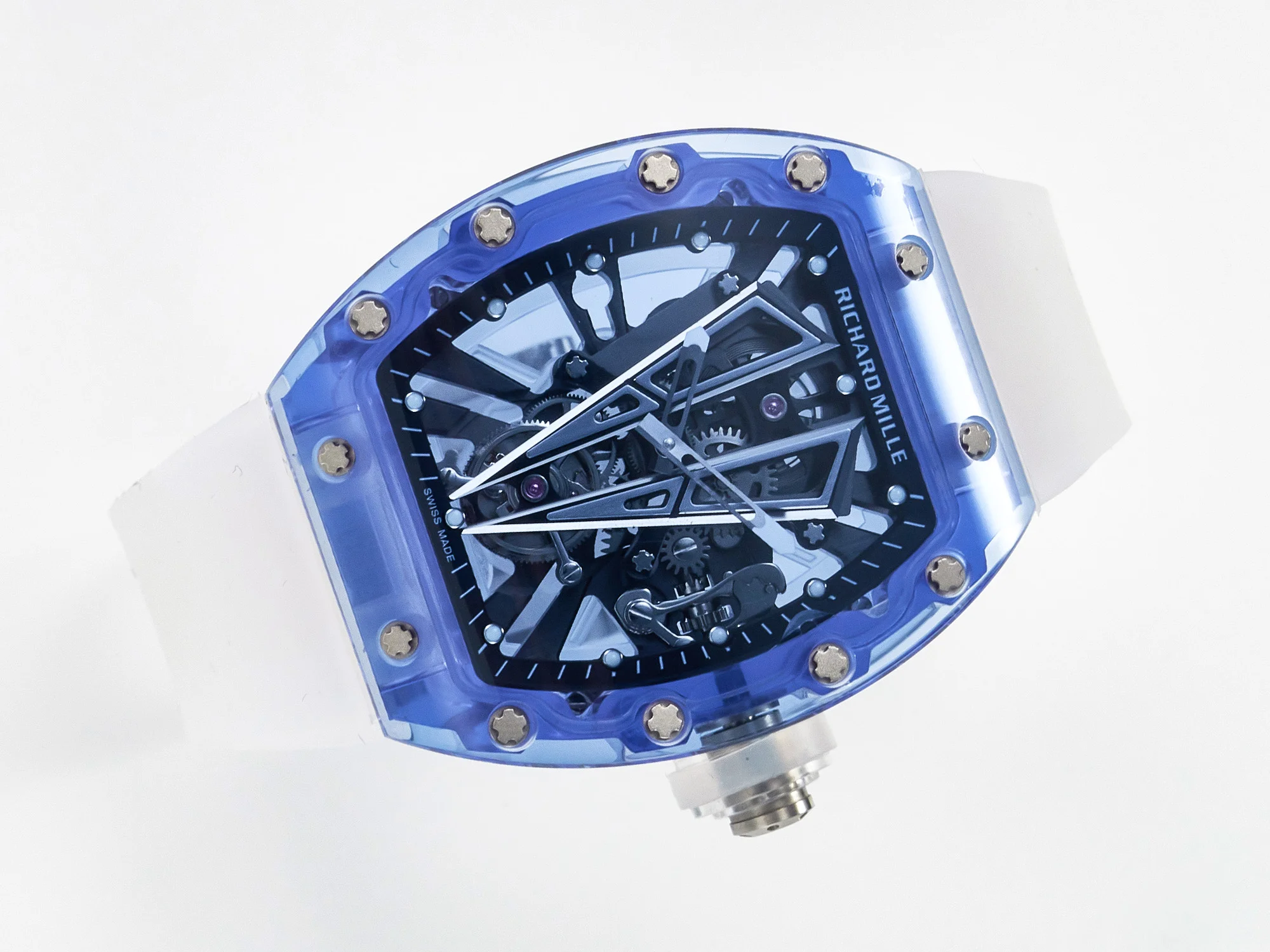 RM27-03 Blue Transparent Tourbillon MSF Best Edition Skull Dial on White Rubber Strap