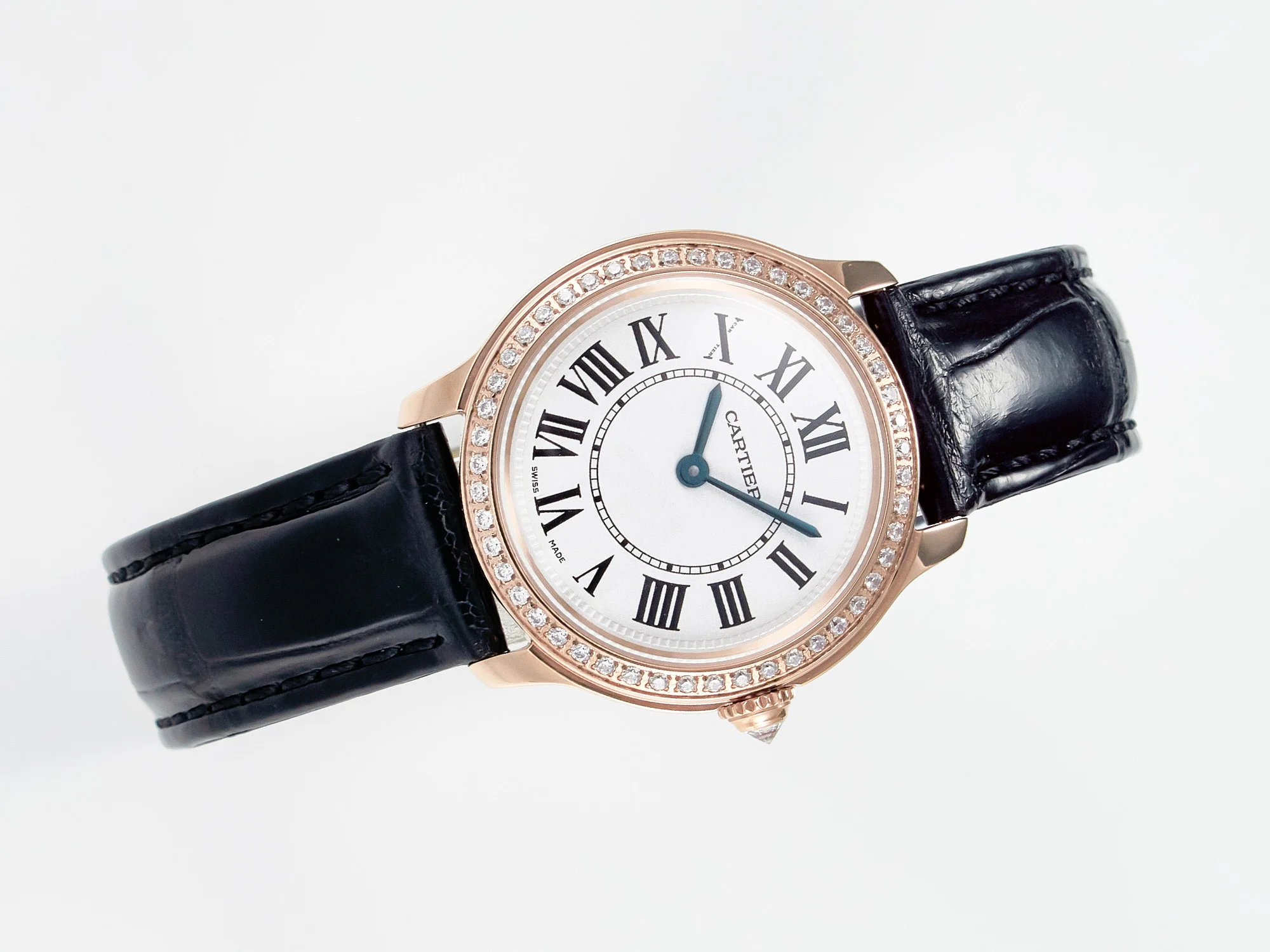 Ronde Louis Cartier 29mm RG DRF 1:1 Best Edition Sandblasted Beige Dial Diamonds Bezel on Black Leather Strap Ronda Quartz