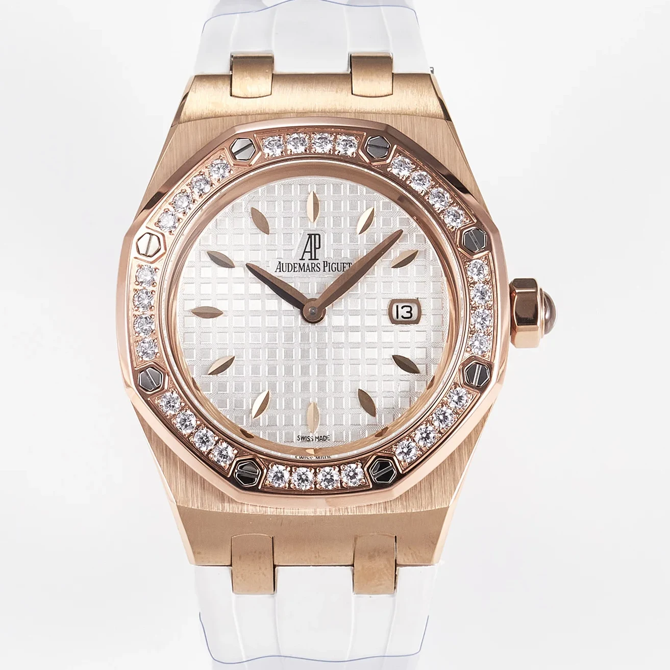 Royal Oak Offshore Ladies 33mm RG DRF Best Edition White Dial Diamonds Bezel on White Rubber Strap ETA Quartz