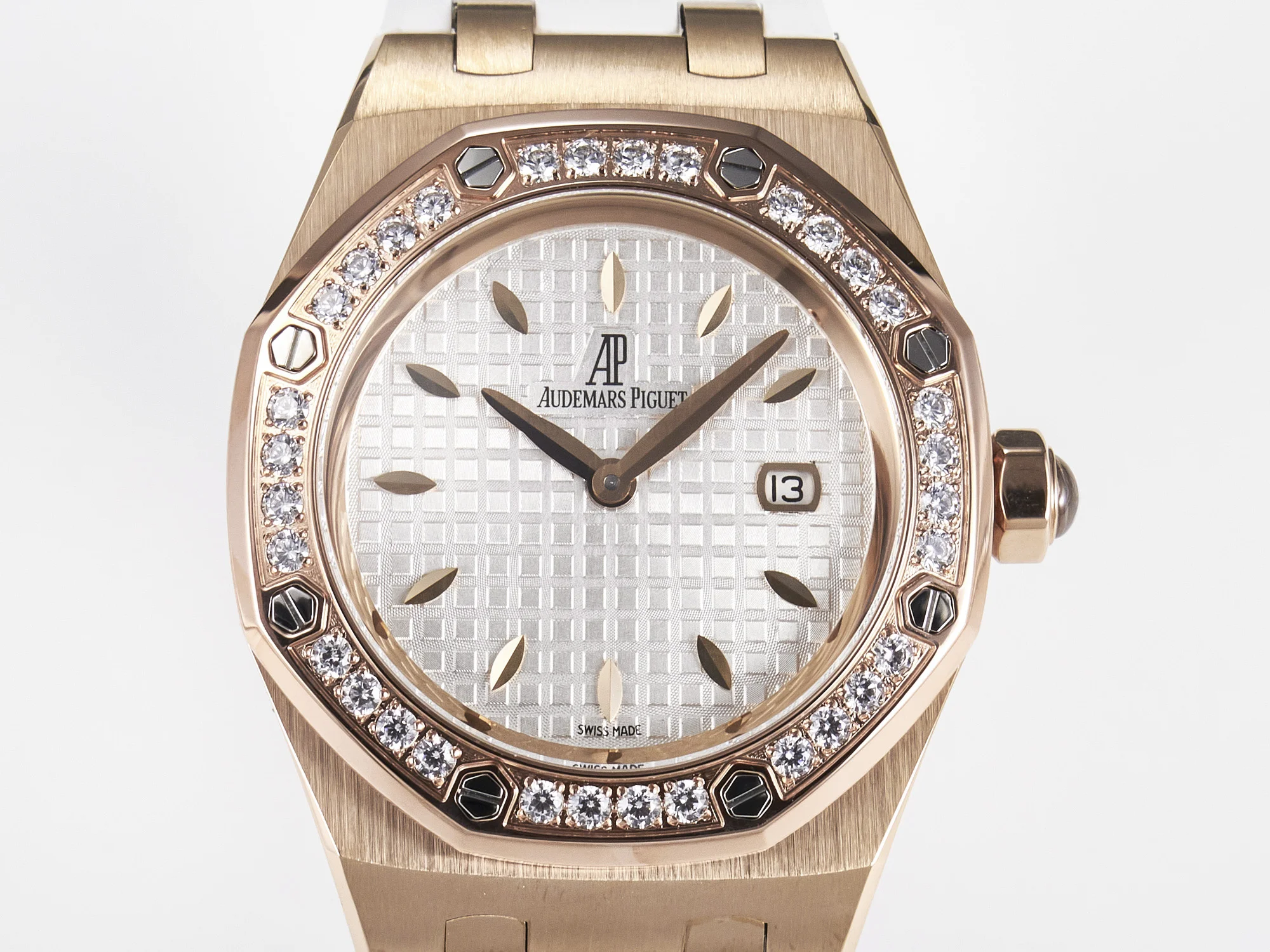 Royal Oak Offshore Ladies 33mm RG DRF Best Edition White Dial Diamonds Bezel on White Rubber Strap ETA Quartz
