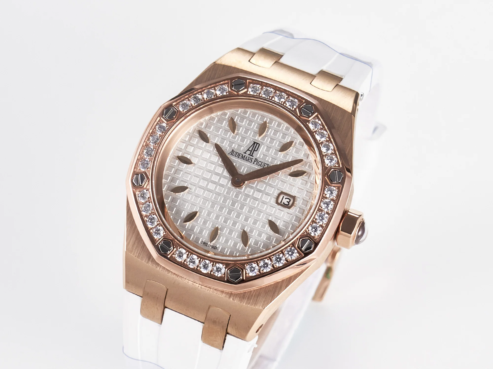 Royal Oak Offshore Ladies 33mm RG DRF Best Edition White Dial Diamonds Bezel on White Rubber Strap ETA Quartz