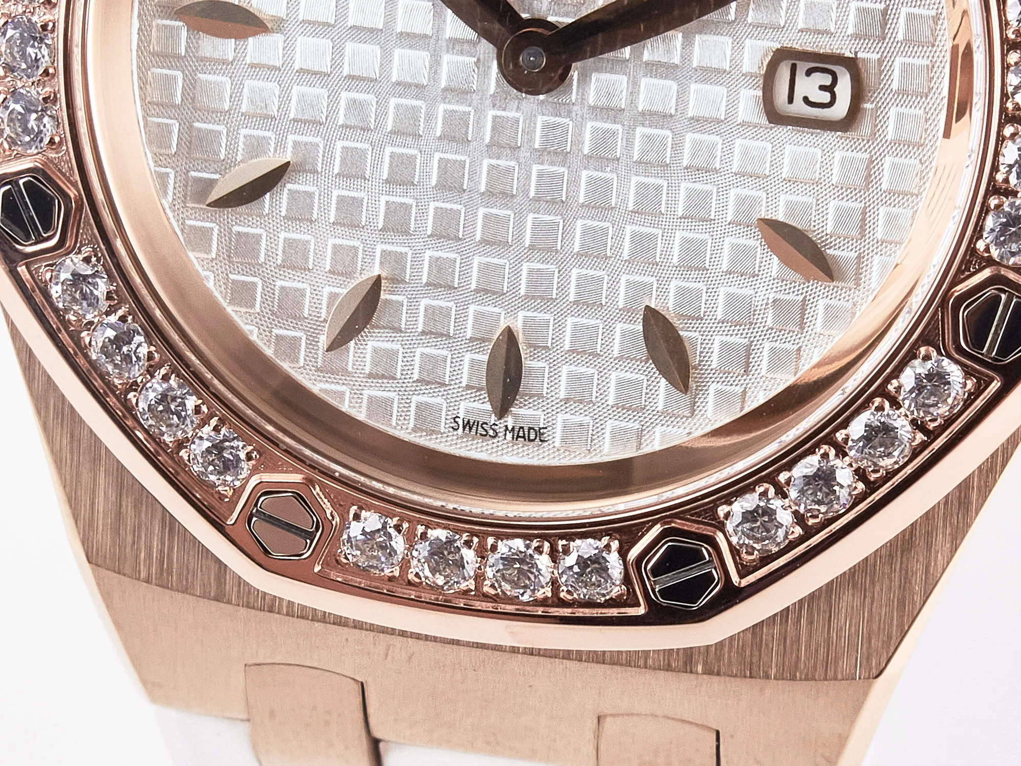 Royal Oak Offshore Ladies 33mm RG DRF Best Edition White Dial Diamonds Bezel on White Rubber Strap ETA Quartz
