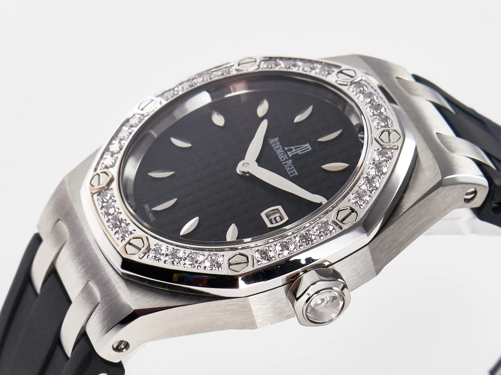 Royal Oak Offshore Ladies 33mm SS DRF Best Edition Black Dial Diamonds Bezel on Black Rubber Strap ETA Quartz