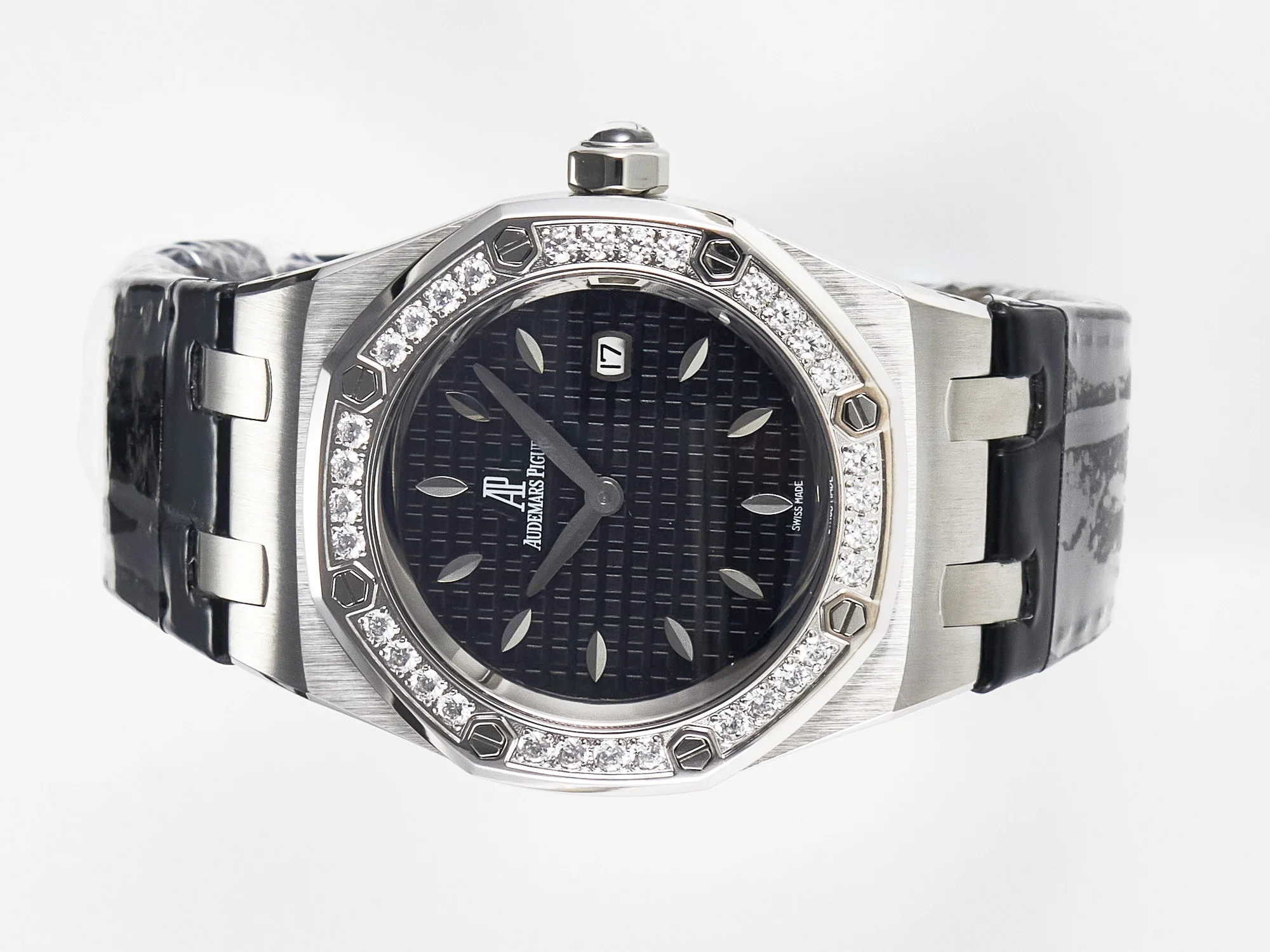 Royal Oak Offshore Ladies 33mm SS DRF Best Edition Black Dial Diamonds Bezel on Black Leather Strap ETA Quartz