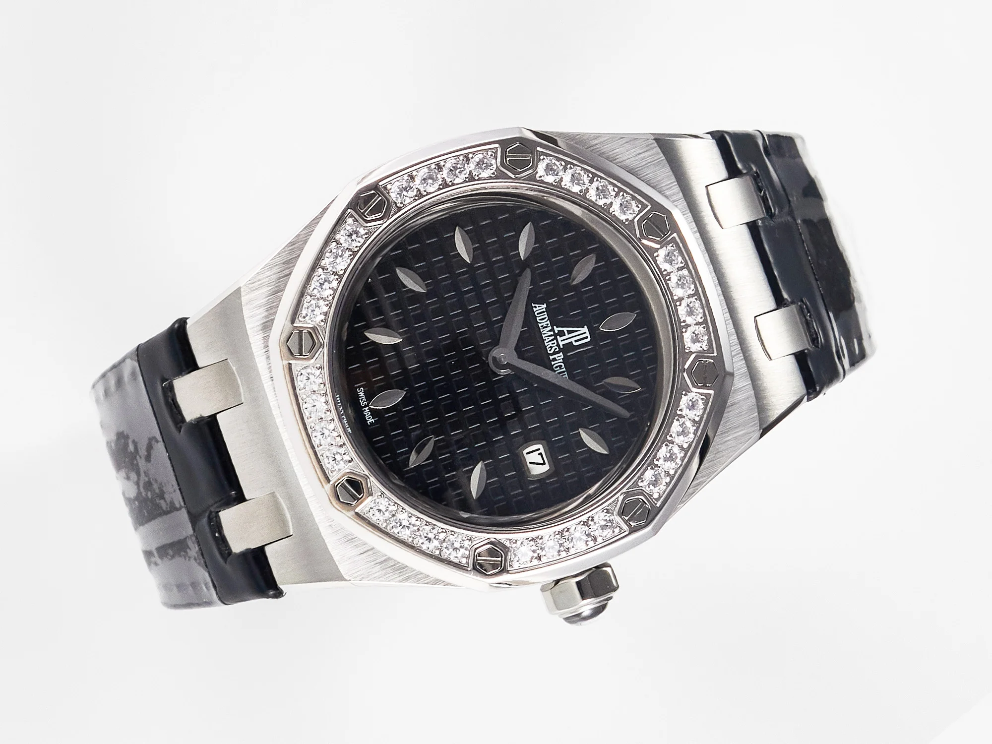 Royal Oak Offshore Ladies 33mm SS DRF Best Edition Black Dial Diamonds Bezel on Black Leather Strap ETA Quartz