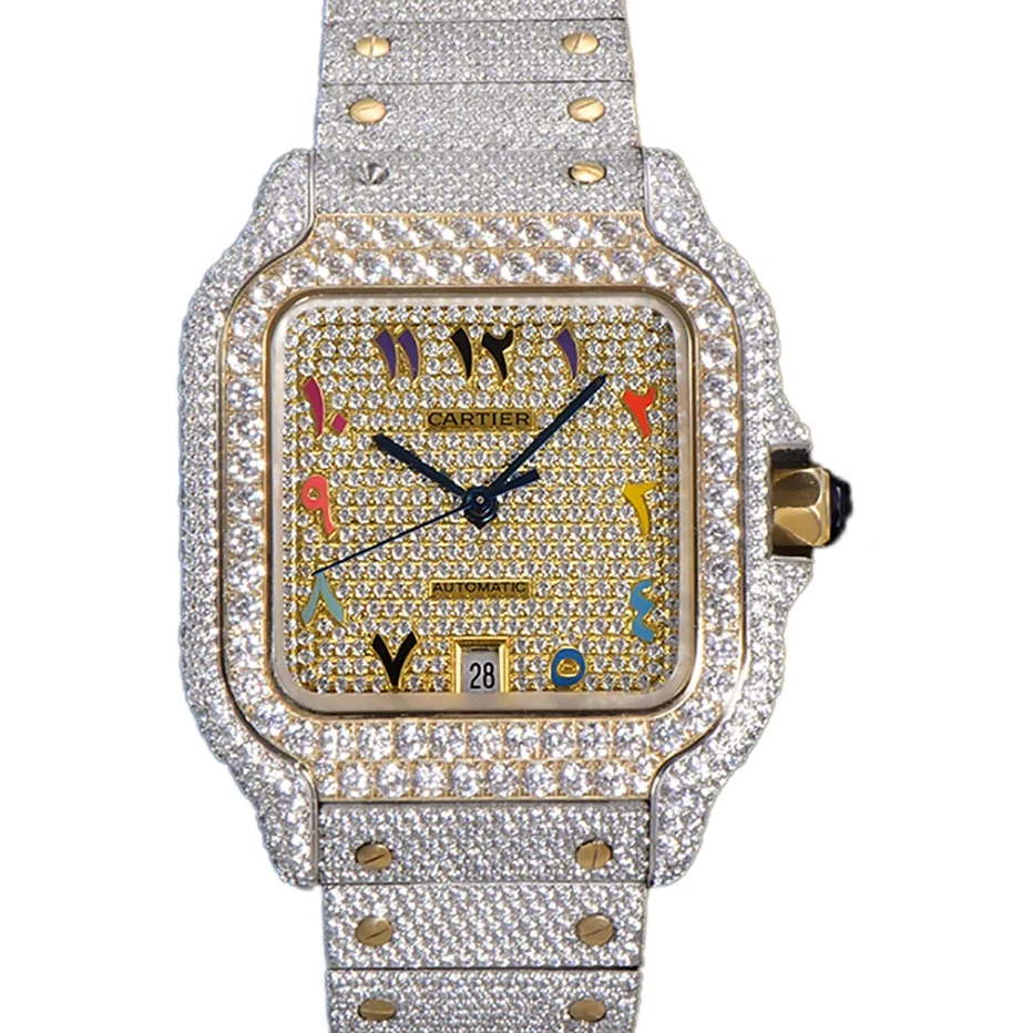 Santos de Cartier 40mm Diamond Paved Dial with Colourful Arabic Markers in Steel/Yellow Gold