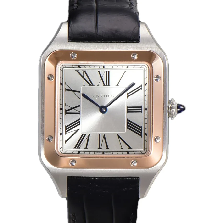 Santos-Dumont (Extra-Large) Silver Dial in Steel/Rose Gold on Black Leather Strap Ref. W2SA0017