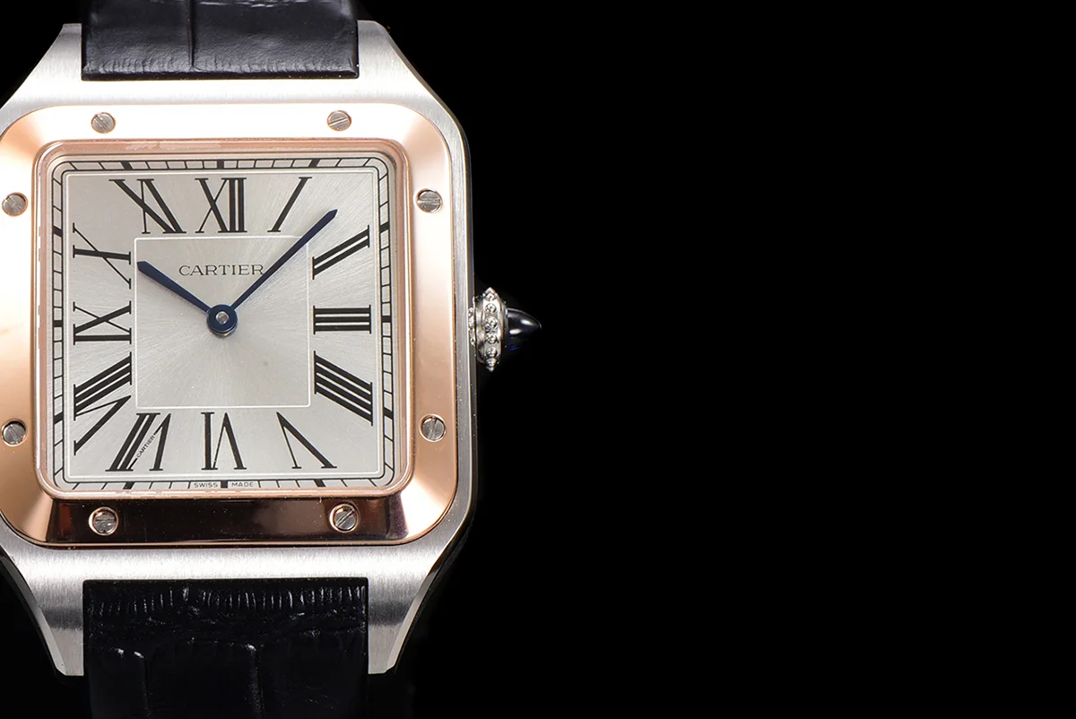 Santos-Dumont (Extra-Large) Silver Dial in Steel/Rose Gold on Black Leather Strap Ref. W2SA0017