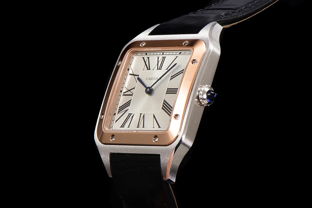 Santos-Dumont (Extra-Large) Silver Dial in Steel/Rose Gold on Black Leather Strap Ref. W2SA0017