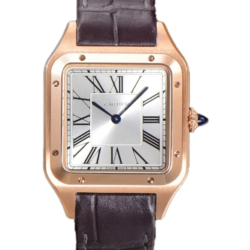 Santos-Dumont (Large) Silver Dial in Rose Gold on Purple Leather Strap Ref. WGSA0021