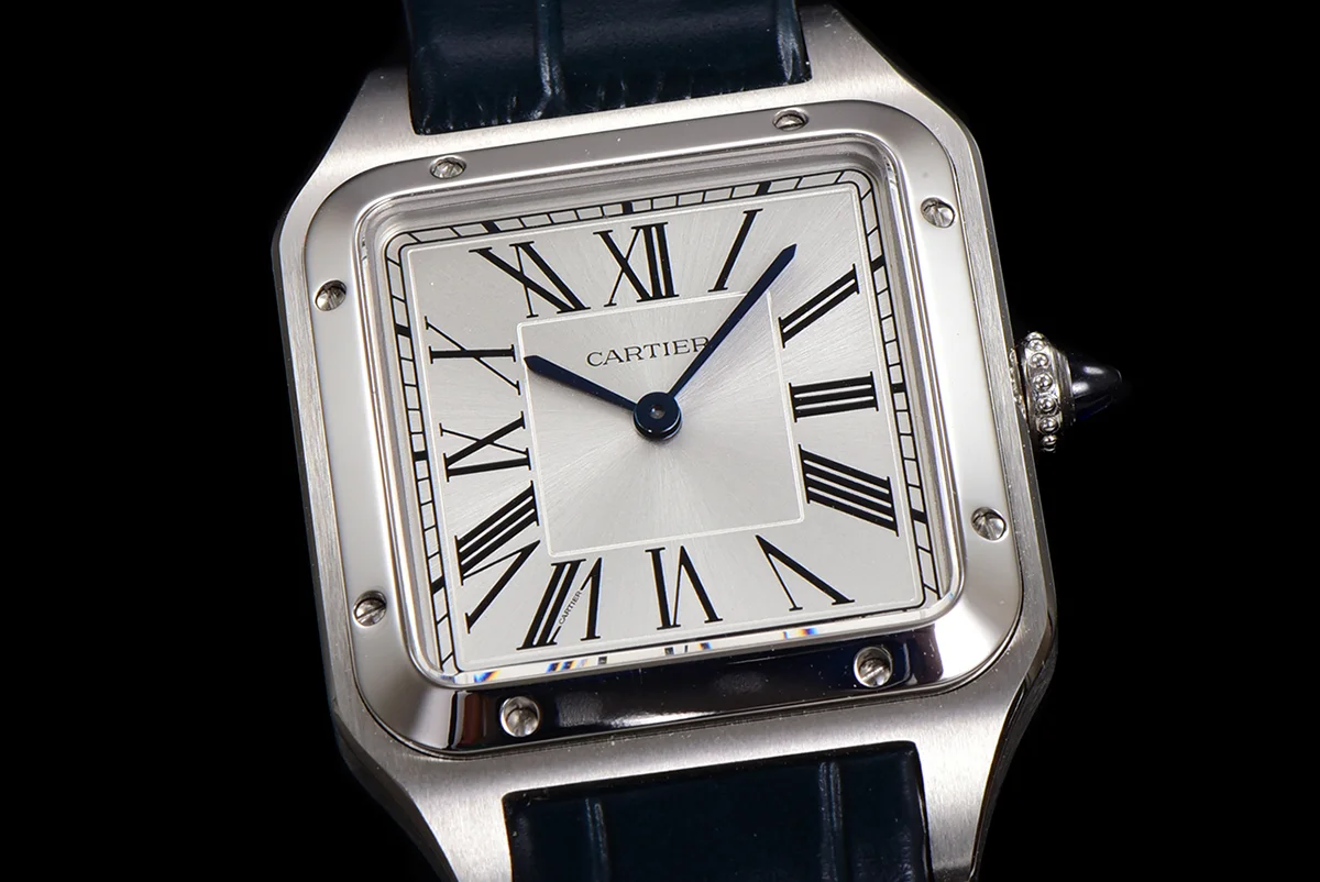 Santos-Dumont (Large) Silver Dial in Steel on Blue Leather Strap Ref. WSSA0022