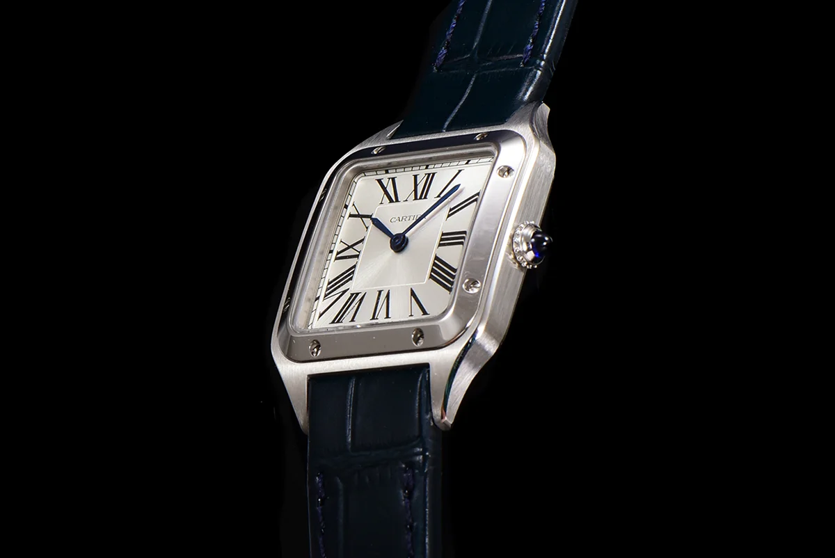 Santos-Dumont (Large) Silver Dial in Steel on Blue Leather Strap Ref. WSSA0022