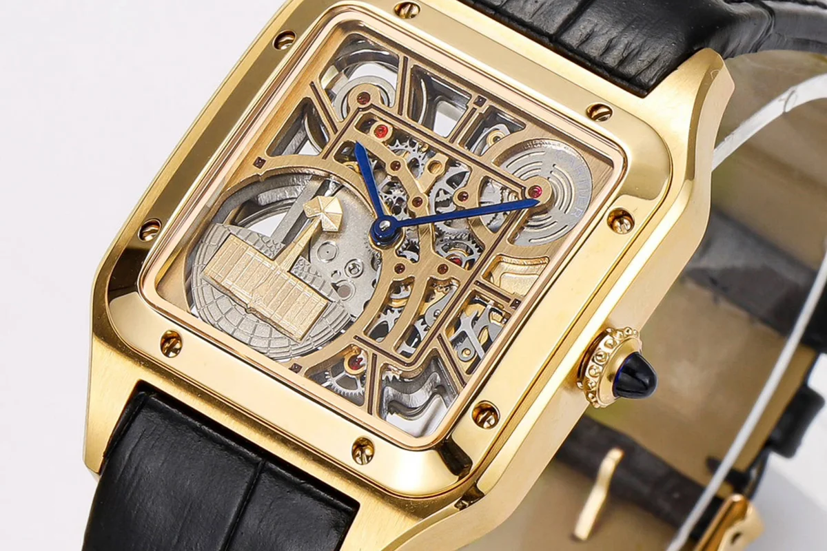 Santos-Dumont (Large) Skeleton Watch in Yellow Gold on Black Leather Strap