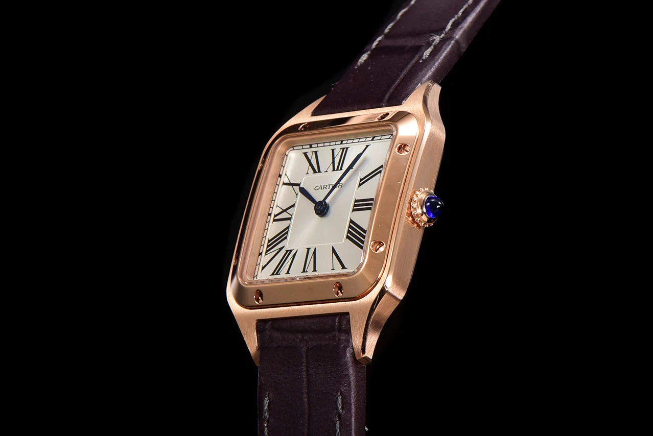 Santos-Dumont (Small) Silver Dial in Rose Gold on Purple Leather Strap Ref. WGSA0022