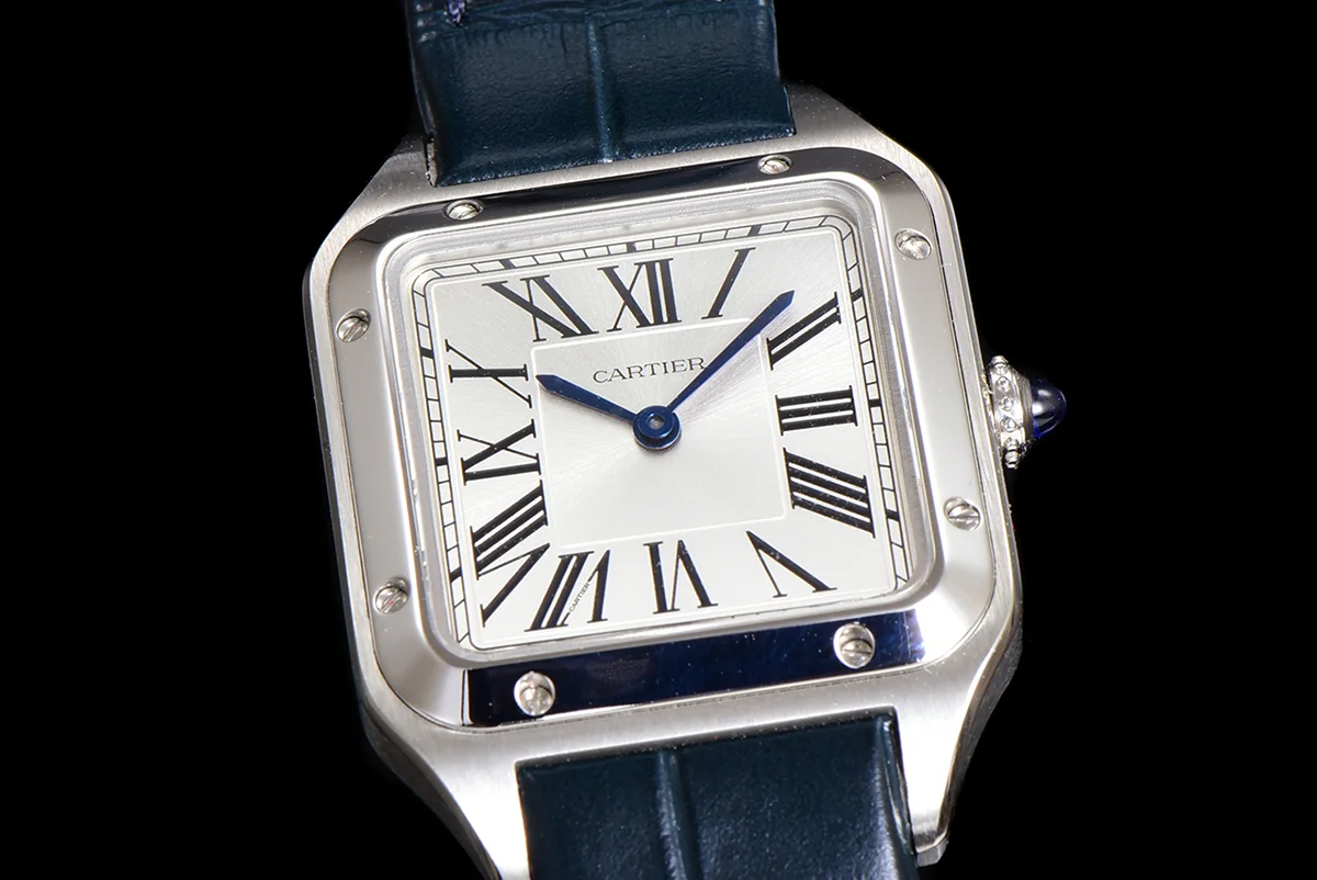 Santos-Dumont (Small) Silver Dial in Steel on Blue Leather Strap Ref. WSSA0023